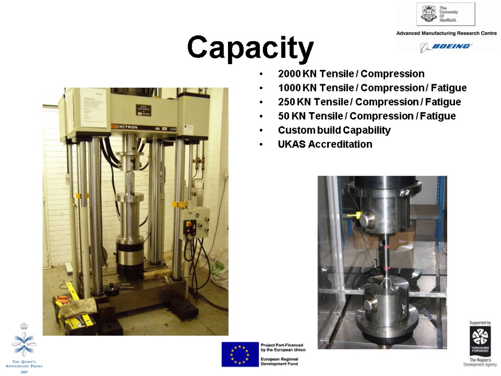 Capacity 2000 KN Tensile / Compression 1000 KN Tensile / Compression / Fatigue 250